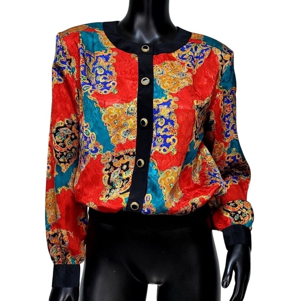 Notations Vintage Paisley Baroque Blouse Red Teal Gold Button Down Size 6 Artsy